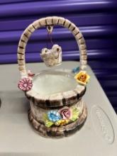 Capodimonte Porcelain Wishing Well with Bucket, Raised Porcelain Flowers, 7" High