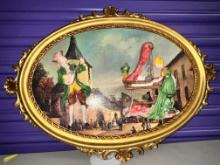 Oval Oil Painting on Board with Raised Capodimonte "Style" Figures, 18" X 25"