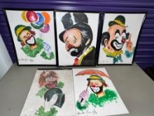 Watercolor Painting of Clowns, (3) Framed 18" X 14" &  (2) Unframed 16" X 12", All Signed