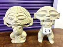 Ceramic Mayan  Statue Man with His Sun Hat & Mayan Woman, 12" X 12"