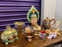 Lot, Covered Glass Candy Dish and 24 ther Miscelaneous Pieces, Ceramics, Carvings, Etc