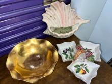 Lot, Miscellaneous Pieces, Hand Painted Condiment Dish, Wall Mount Sconce & Gold Bowl