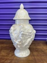 Irredescent White Jar with Raised Relief and Removable Cover
