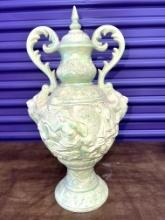 Ceramic Green DÃ©cor Piece with Raised Relief of Lions Head, Cherebs and Dancers