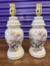 Hand Painted Lamps Depicting Cherry Blossom Trees and Birds, (no shade/no finial
