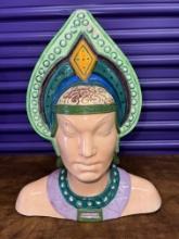 Ceramic Japaneese Warrior Depicting 18th Century Head Garb with Green Trim, 16" X 12"