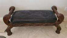 Designer Leather and handcarved wood bench