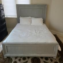 Grey Wooden Queen bed with boxspring and pillow top mattress