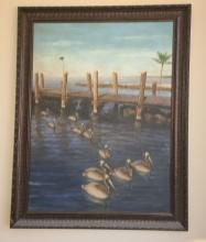 Pelicans at the Dock by P. Corley -Original Framed Artwork - 43 x 55 in