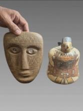 Pre-Columbian Style Ceremonial Mask and Stirrup Vessel