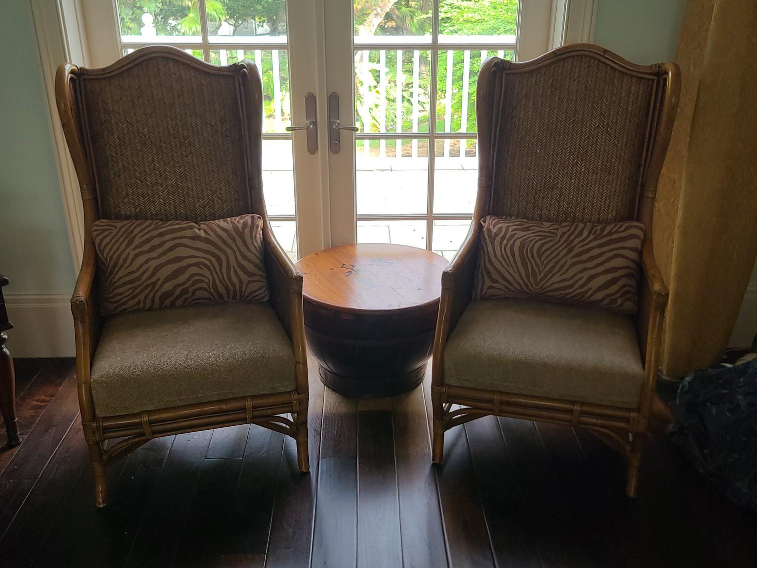 Fendi Mungil Hi Back Wicker ArmChairs with tiger themed pillows