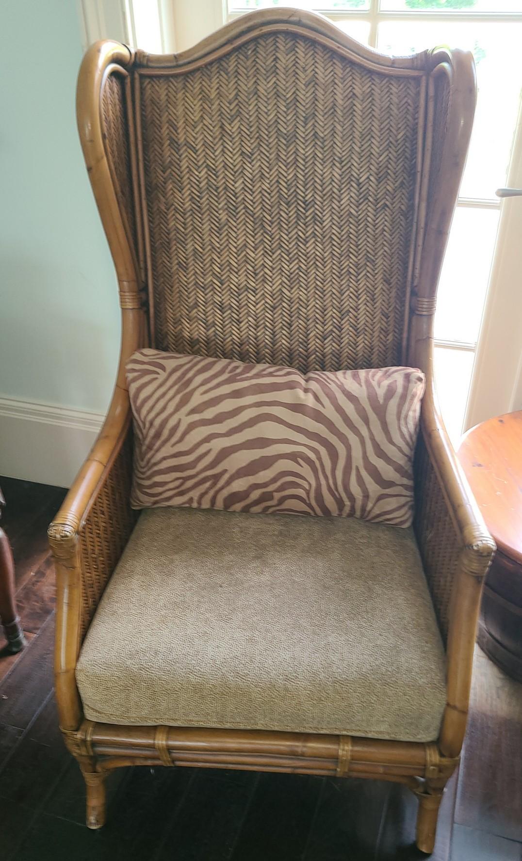Fendi Mungil Hi Back Wicker ArmChairs with tiger themed pillows