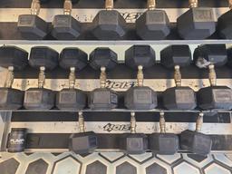 Dumbbells and Dumbbell Rack - 20 lbs to 65, 5 lbs and one 15 lb -670lb +