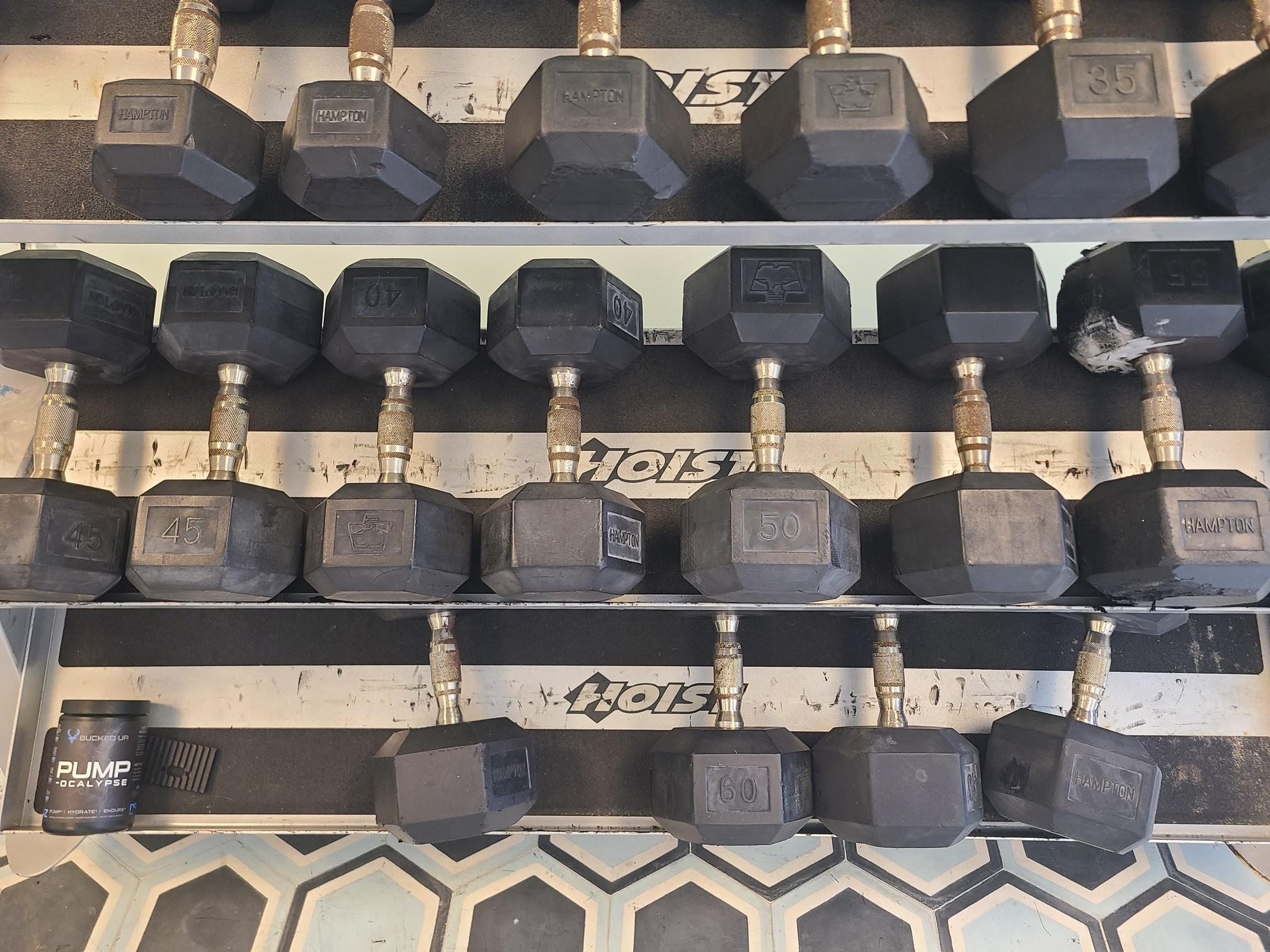 Dumbbells and Dumbbell Rack - 20 lbs to 65, 5 lbs and one 15 lb -670lb +