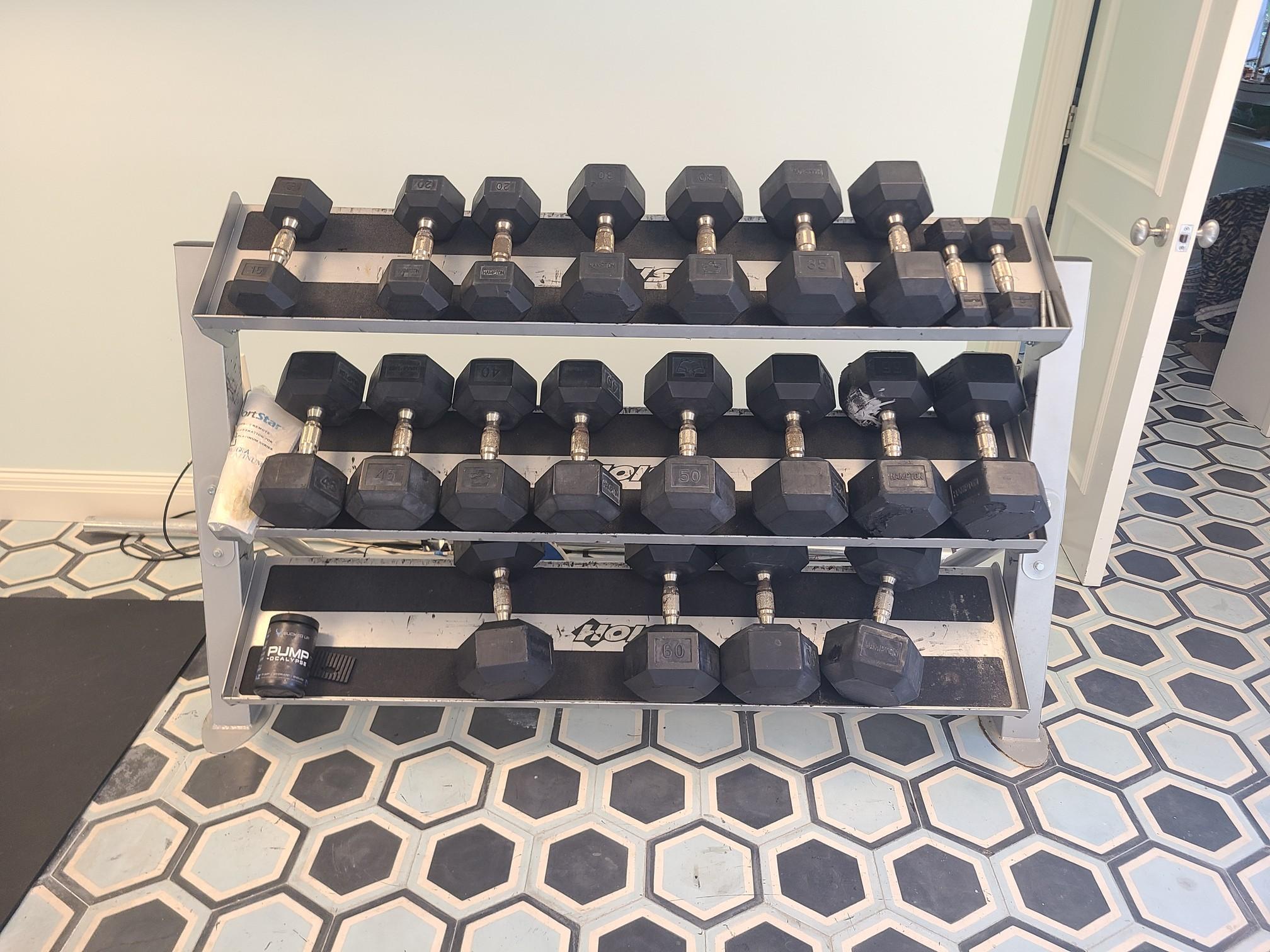 Dumbbells and Dumbbell Rack - 20 lbs to 65, 5 lbs and one 15 lb -670lb +