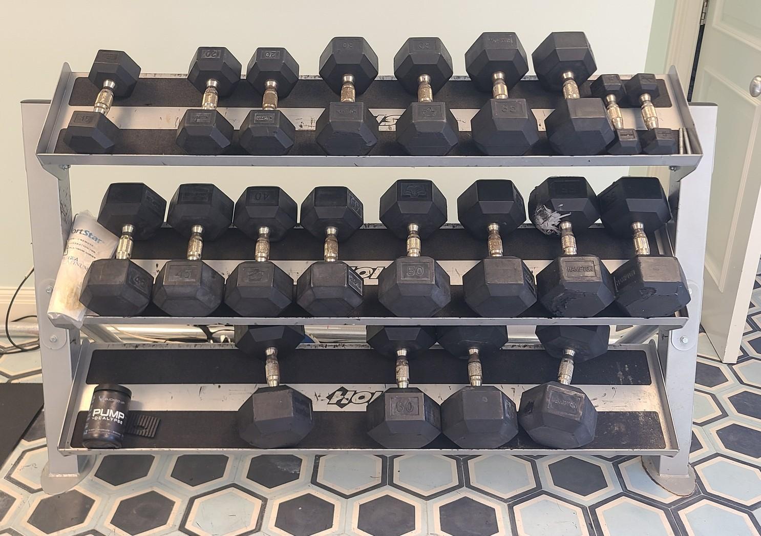 Dumbbells and Dumbbell Rack - 20 lbs to 65, 5 lbs and one 15 lb -670lb +
