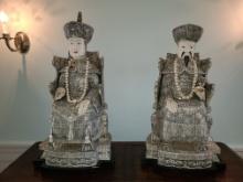 Hand Carved Bone Emperor and Emperess with base - 30 and 32 in  Tall - hand on each one has cut