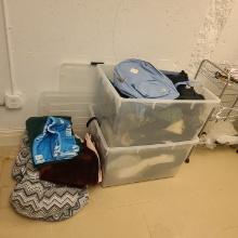 Backpacks, Clothes and 2 plastic containers