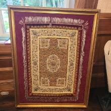 Gold Thread Embroided Jeweled Handmade rug - Framed 39 x 50 in