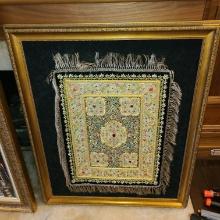 Gold Thread Embroided Jeweled Handmade rug - Framed 39 x 50 in