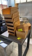 8 small wooden storage boxes/dispenses