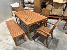 BRAND NEW OPEN BOX OUTDOOR 59" BY 35" TABLE  WITH 1 BENCH AND 4 CHAIRS - SOLID WOOD