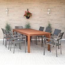 BRAND NEW ORIGINAL PACKAGING 88" SOLID EUCALYPTUS WOODEN TABLE + 8 STACKING ALUMINUM CHAIRS