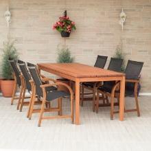 BRAND NEW ORIGINAL PACKAGING 83" OUTDOOR SOLID WOOD DINING TABLE WITH 6 BROWN SLING CHAIRS