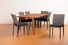 BRAND NEW ORIGINAL PACKAGING OUTDOOR SOLID WOOD  TABLE 85" X 37" WITH 6 STACKING WICKER CHAIRS + CUS