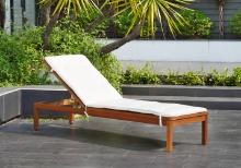 BRAND NEW ORIGINAL PACKAGING OUTDOOR SOLID WOOD CHAISE LOUNGER WITH WHITE CUSHIONS