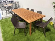 BRAND NEW ORIGINAL PACKAGING OUTDOOR SOLID WOOD  TABLE 85" X 37" WITH 8 STACKING BROWN CHAIRS