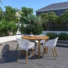 BRAND NEW ORIGINAL PACKAGING OUTDOOR 47" ROUND TABLE WOOD IN TEAK FINISH WITH 4 WHITE CHAIRS