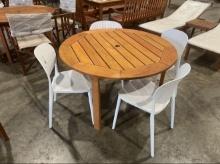 BRAND NEW ORIGINAL PACKAGING OUTDOOR 47" ROUND TABLE  WITH 4 WHITE STACKING CHAIRS