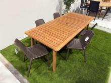 BRAND NEW ORIGINAL PACKAGING OUTDOOR SOLID WOOD  TABLE 85" X 37" WITH 6 STACKING BROWN CHAIRS