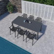BRAND NEW ORIGINAL PACKAGING OUTDOOR ALUMINMUM TABLE 87" BY 39" WITH 6 BLACK STACKING CHAIRS