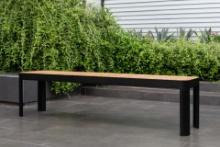 BRAND NEW ORIGINAL PACKAGIN 72" BLACK ALUMINUM AND TEAK OUTDOOR BENCH