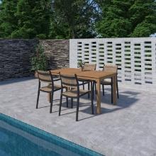 BRAND NEW ORIGINAL PACKAGING OUTDOOR 60" X 34"TABLE 100% WOOD IN TEAK FINISH WITH 4 STACKING RESIN C