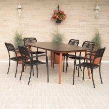 BRAND NEW OUTDOOR ORIGINAL PACKAGING SOLID WOOD  TABLE 76" X 42" WITH 6 ALUMINUM STACKING CHAIRS
