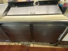 48 inch two door stainless steel prep station with cutting board