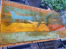 73" x 25" nautical themed outdoor wood table with resin and metal base
