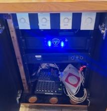 Electronics Rack with QSC AMP-CX302, Technical Pro 3200 Watts Amp  and Yamaha Mixing Board