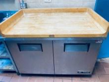 True 48 inch two door refrigerated worktable with custom-made maple top pizza make station this cutt