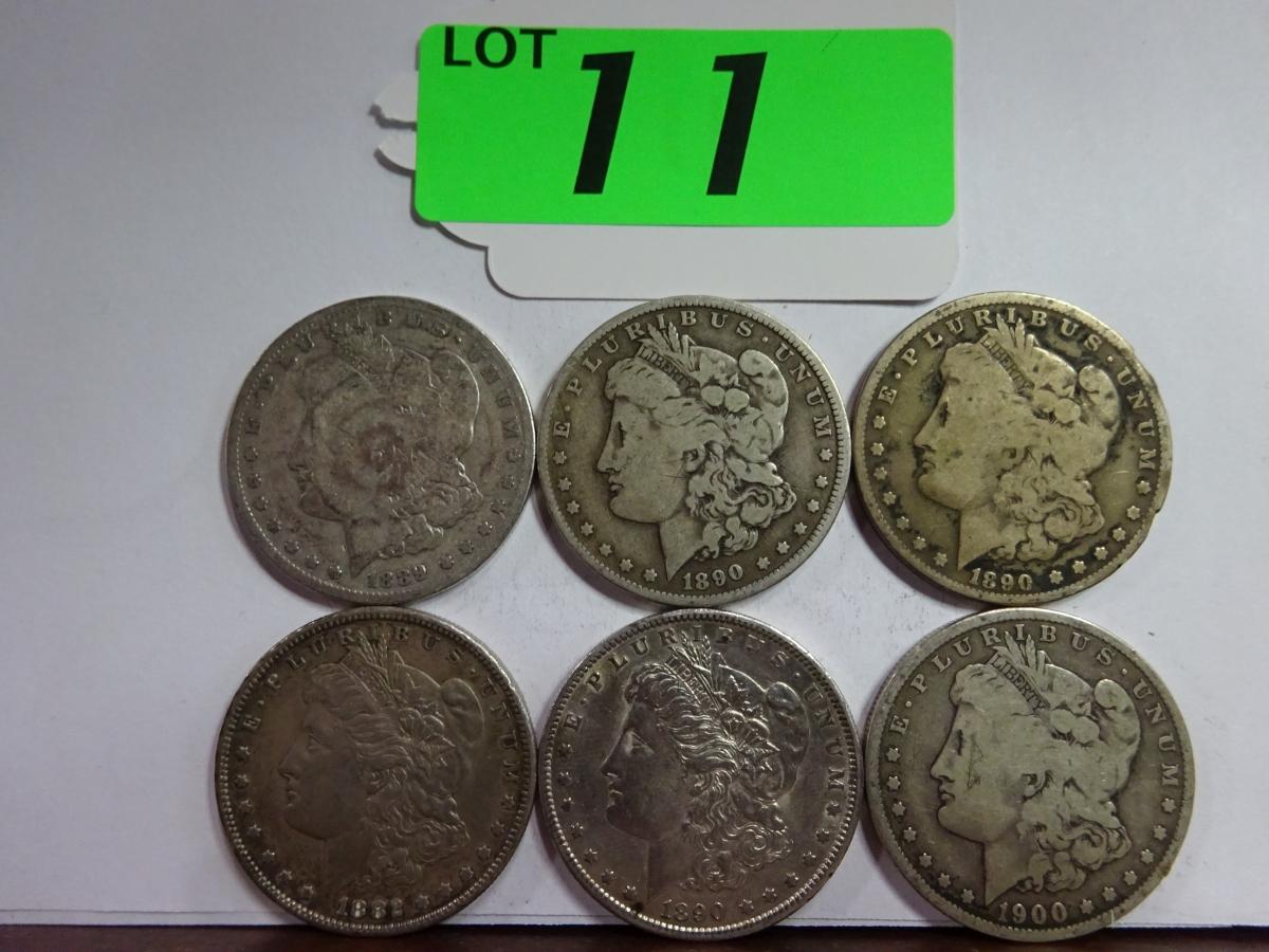 (6) MORGAN SILVER DOLLARS: 1882-S, 1889-O, (2) 1890-O, 1890-S, 1900-O. CIRCULATED CONDITION