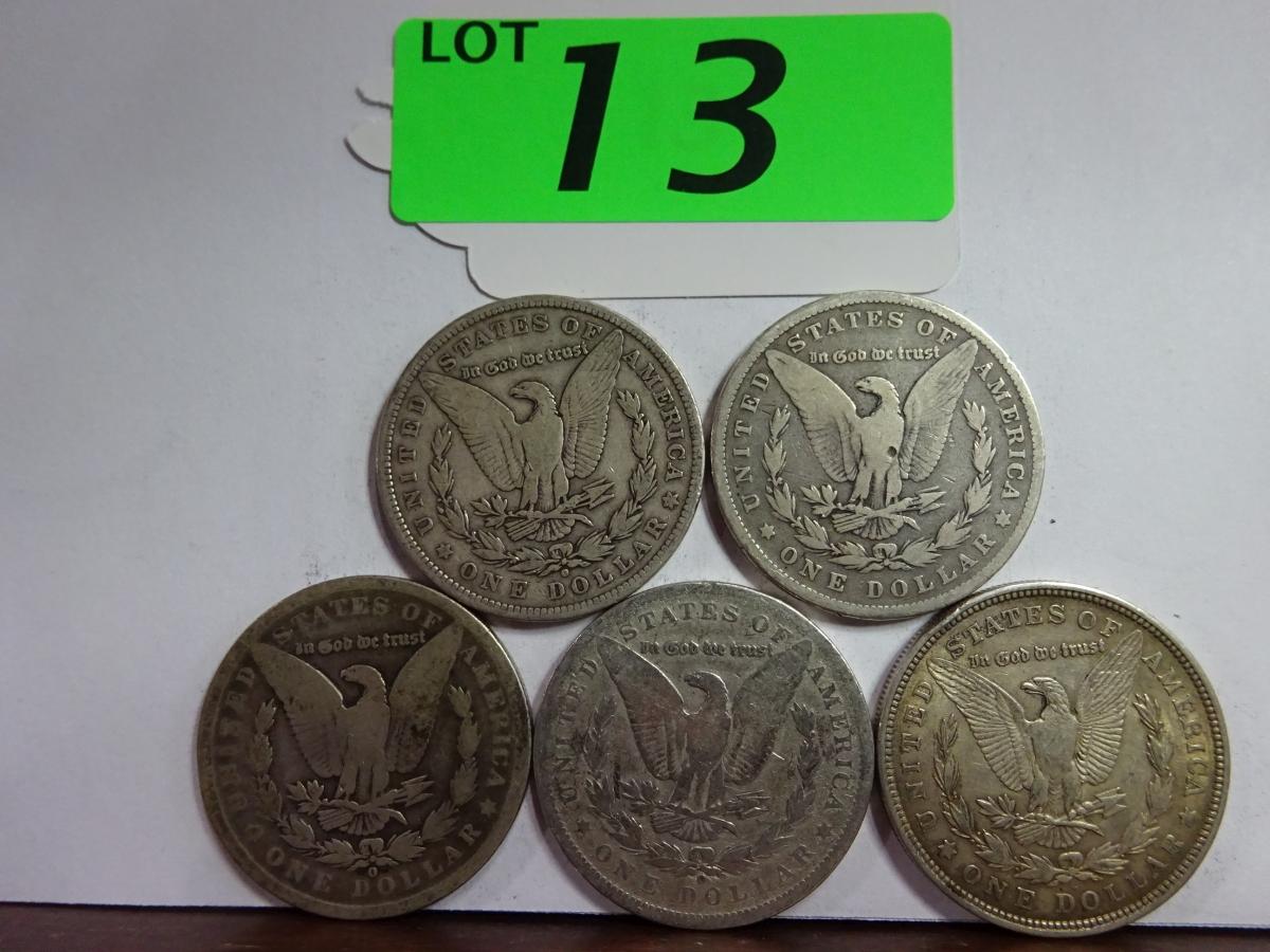 (5) MORGAN SILVER DOLLARS: 1880-O, 1882, 1890-O, 1891-O, 1921-D. CIRCULATED CONDITION