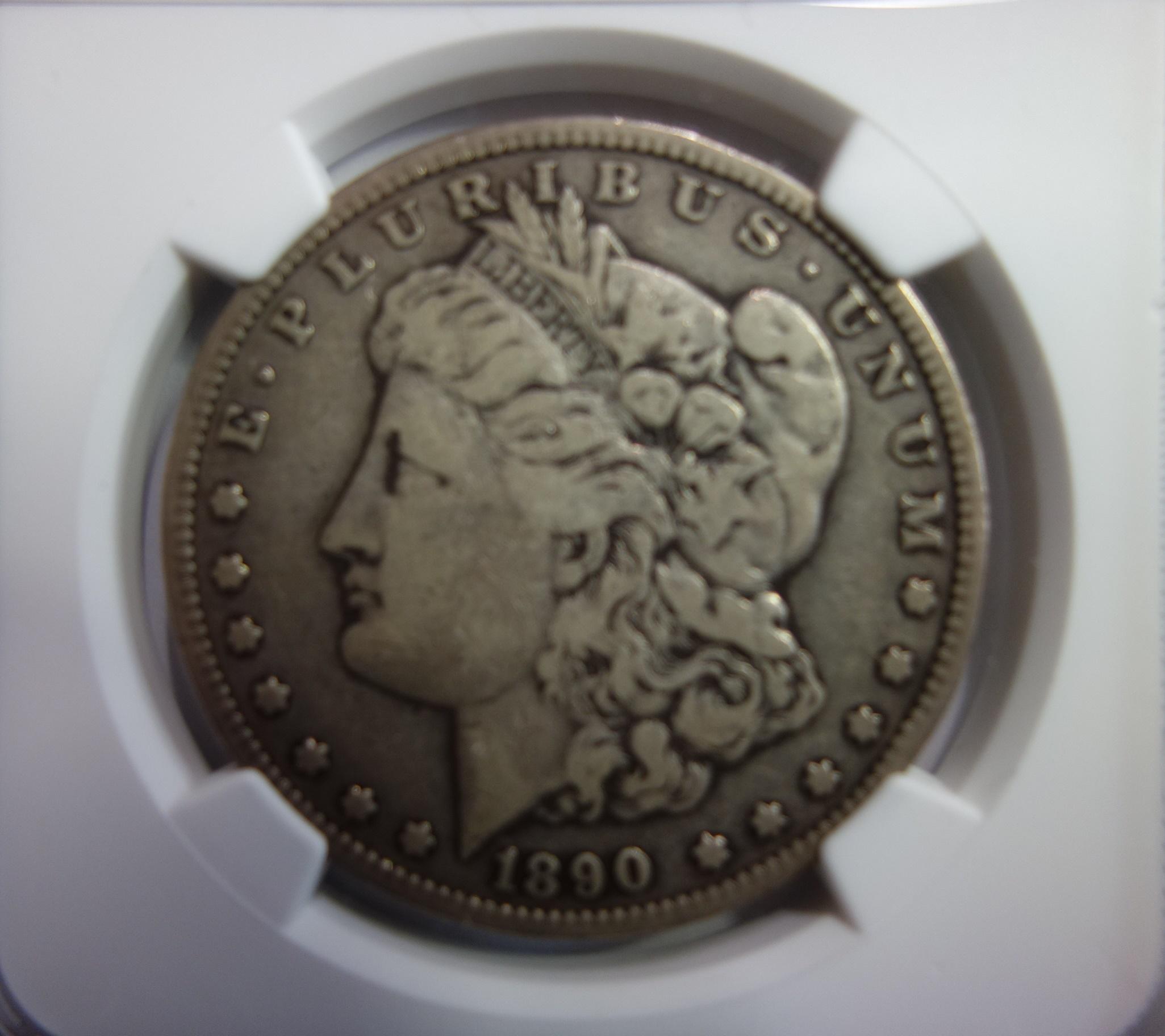 NGC GRADED F-12, 1890-CC MORGAN SILVER DOLLAR