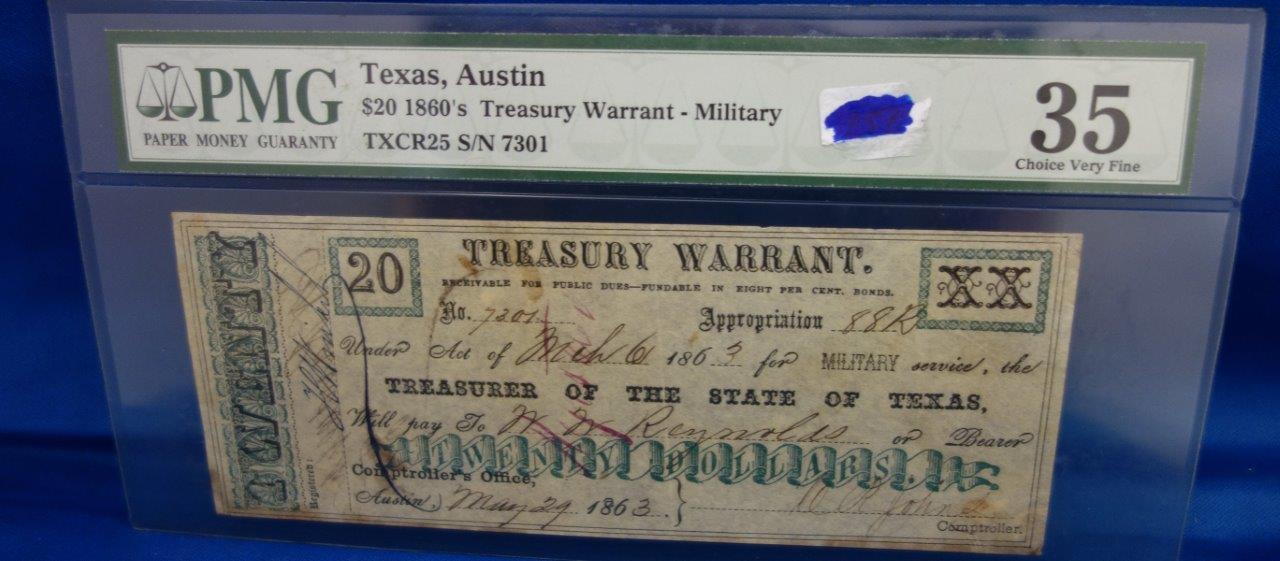 PMG GRADED CHOICE VERY FINE 35 TEXAS, AUSTIN $20 1860'S TREASURY WARRANT -