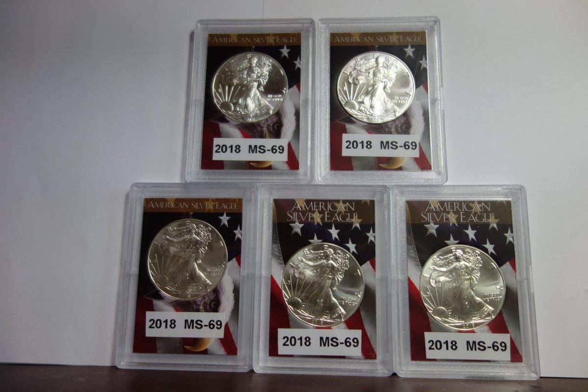 (5) H.E. HARRIS GRADED MS-69, 2018 SILVER AMERICAN EAGLE