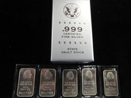 (5) U.S. STATE SILVER ONE TROY OZ BARS, .999 FINE SILVER