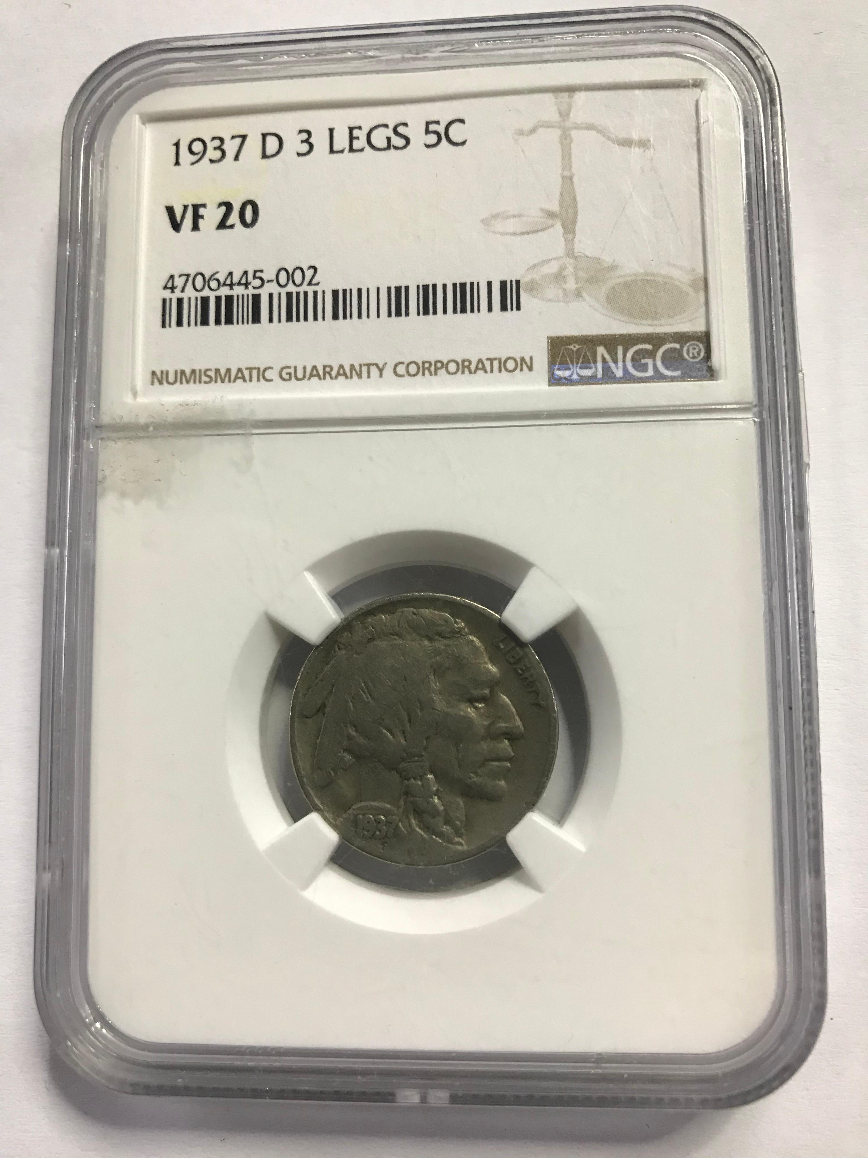 NGC GRADED VF20 1937-D THREE LEG BUFFALO 5¢