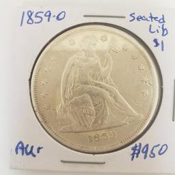 1859-O SEATED LIBERTY $1 COIN, AU+ CONDITION